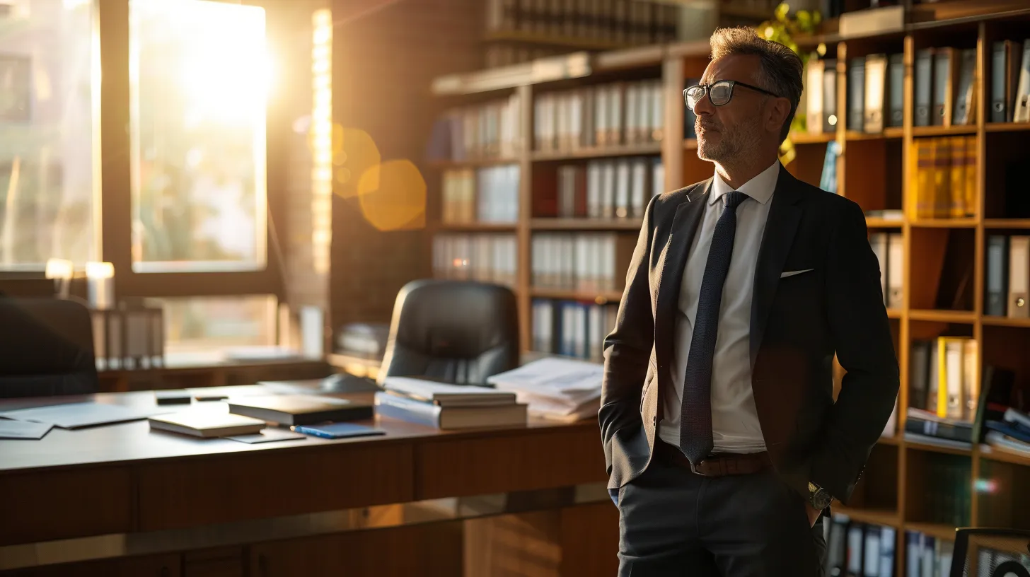 a confident dallas auto accident lawyer stands in a sunlit office, surrounded by organized case files and legal books, exuding professionalism while deep in thought about securing justice for car accident victims.