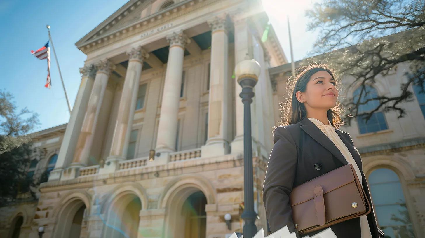 a confident individual stands in front of a texas courthouse, surrounded by paperwork and an open briefcase, symbolizing the strategic navigation of insurance claims amid a backdrop of clear blue skies and assertive sunlight.