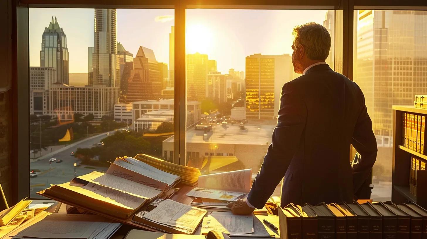 a confident lawyer stands in a sunlit office, surrounded by legal books and documents, thoughtfully analyzing a complex insurance policy while a vibrant austin skyline is visible through the window.