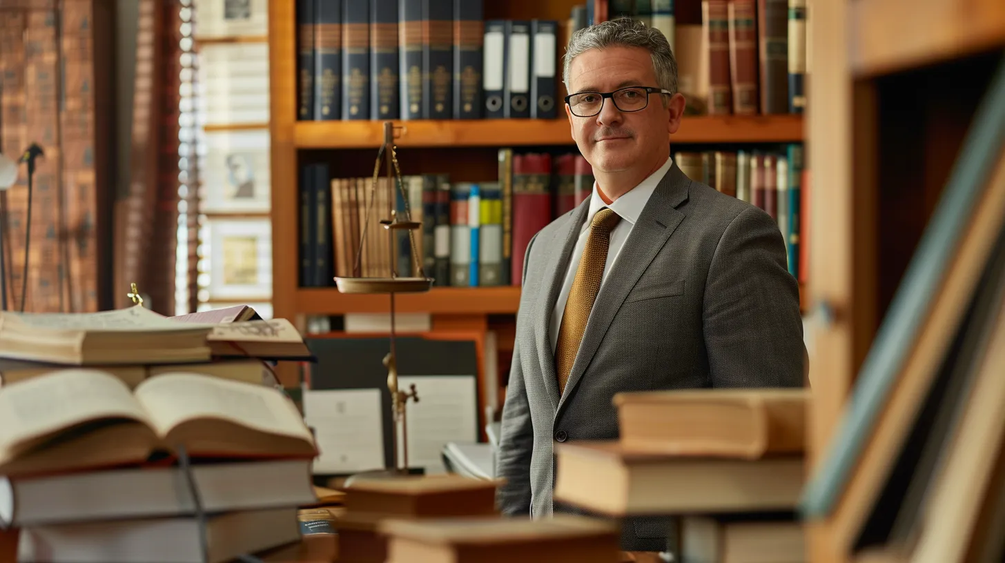 a confident lawyer, surrounded by legal books and case files, stands in a well-lit office, conveying expertise and authority in personal injury law.