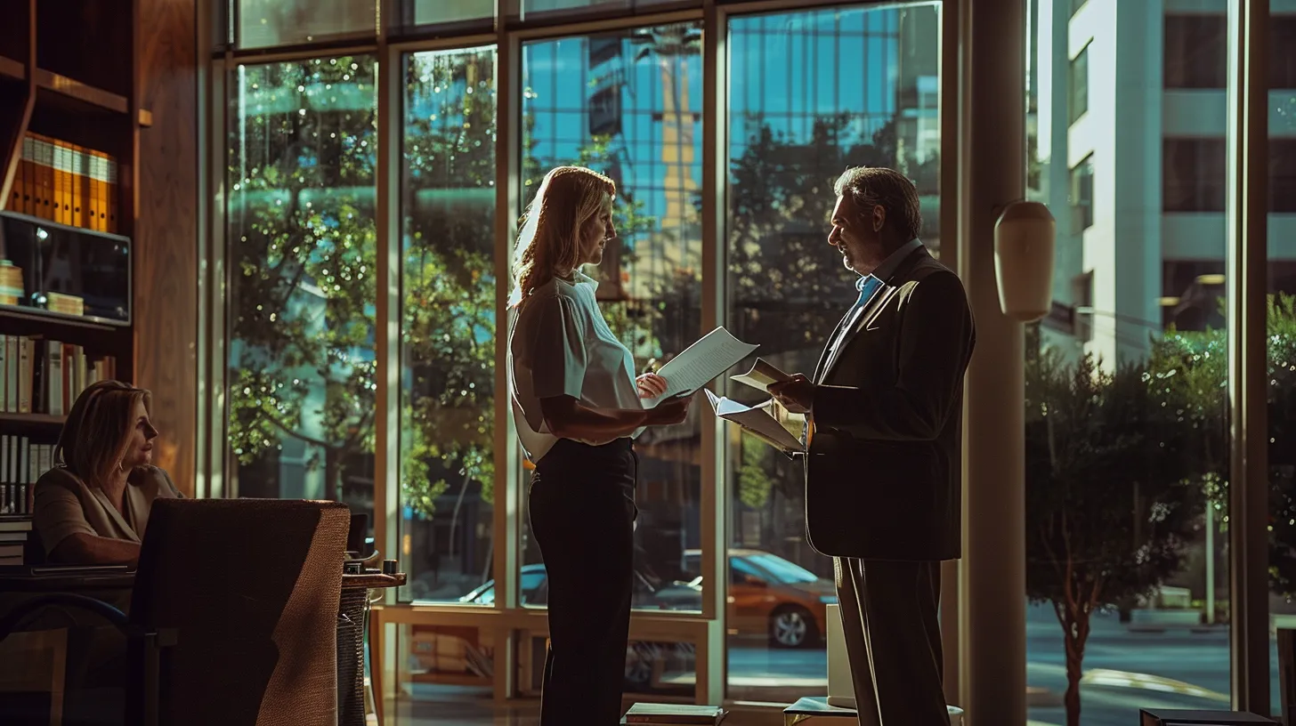 a confident personal injury attorney, standing in a modern office adorned with legal books and documents, engages with a distressed client, illuminated by warm natural light streaming through large windows, symbolizing hope and guidance in navigating personal injury claims in austin, tx.