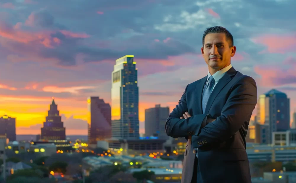 a confident personal injury attorney stands in front of a modern san antonio skyline at sunset, exuding professionalism and determination with a backdrop of vibrant colors reflecting off the city’s architecture.