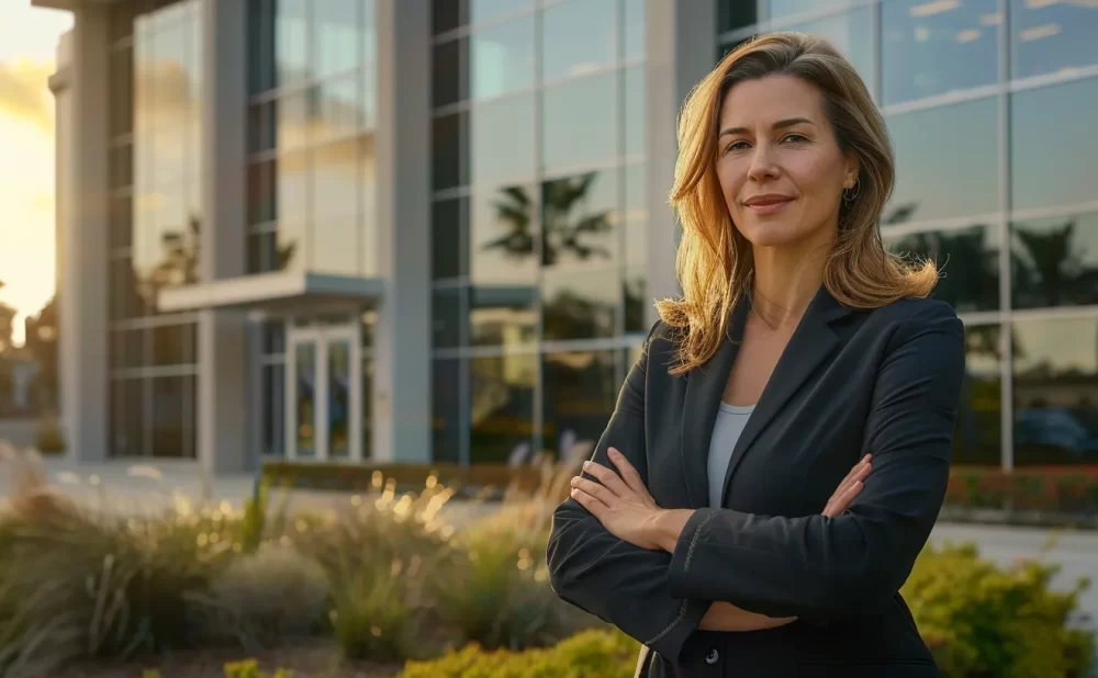 a confident personal injury attorney stands resolutely in front of a sleek, modern law office building, bathed in warm evening light, symbolizing trust and expertise in navigating car accident cases.