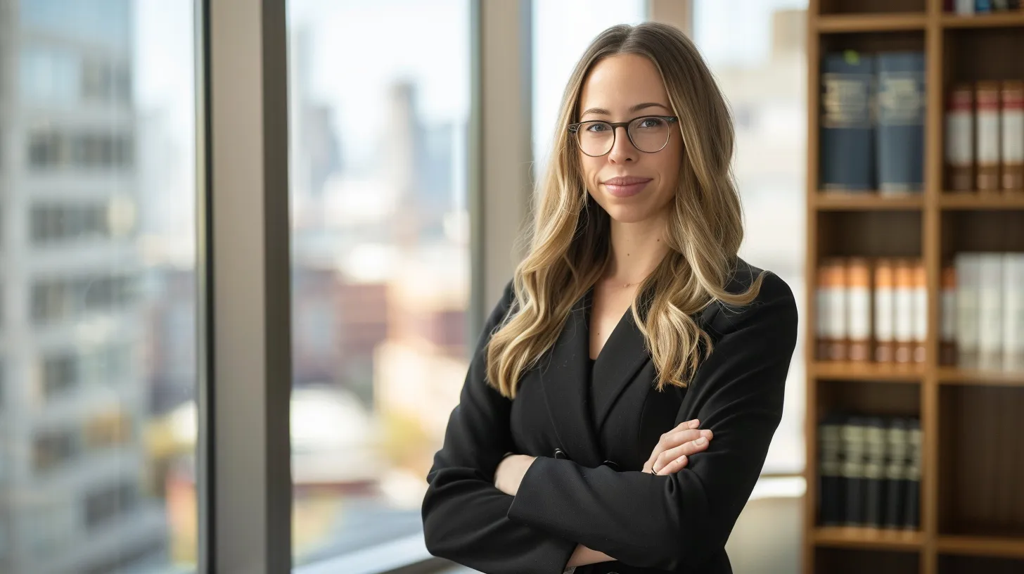 a confident personal injury lawyer stands in a sunlit, modern office, surrounded by law books and a bustling cityscape visible through the large windows, conveying professionalism and expertise.