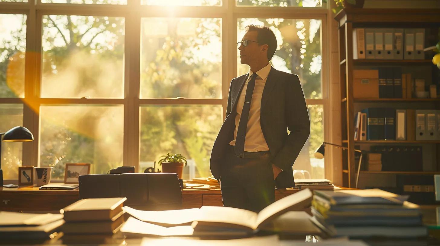 a confident personal injury lawyer stands in a sunlit austin office, surrounded by legal books and documents, conveying a sense of authority and trust while discussing a case with a determined client.