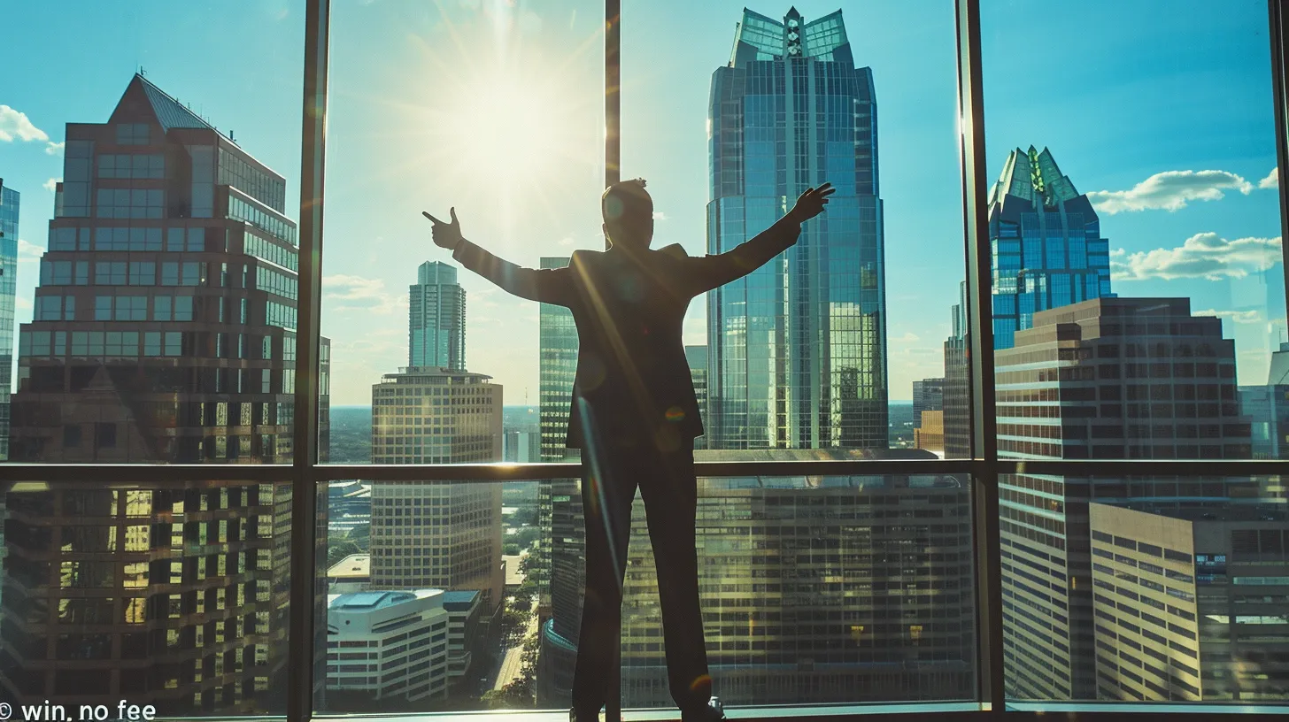 a confident personal injury lawyer stands in a sunlit austin office, gesturing towards a large window displaying the city skyline, symbolizing hope and confidence for clients navigating their 