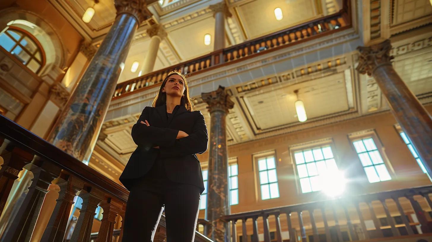 a confident, poised lawyer stands in a bustling austin courthouse, surrounded by intricate architectural details, as sunlight streams through high windows, symbolizing the journey of navigating complex legal battles after a car accident.