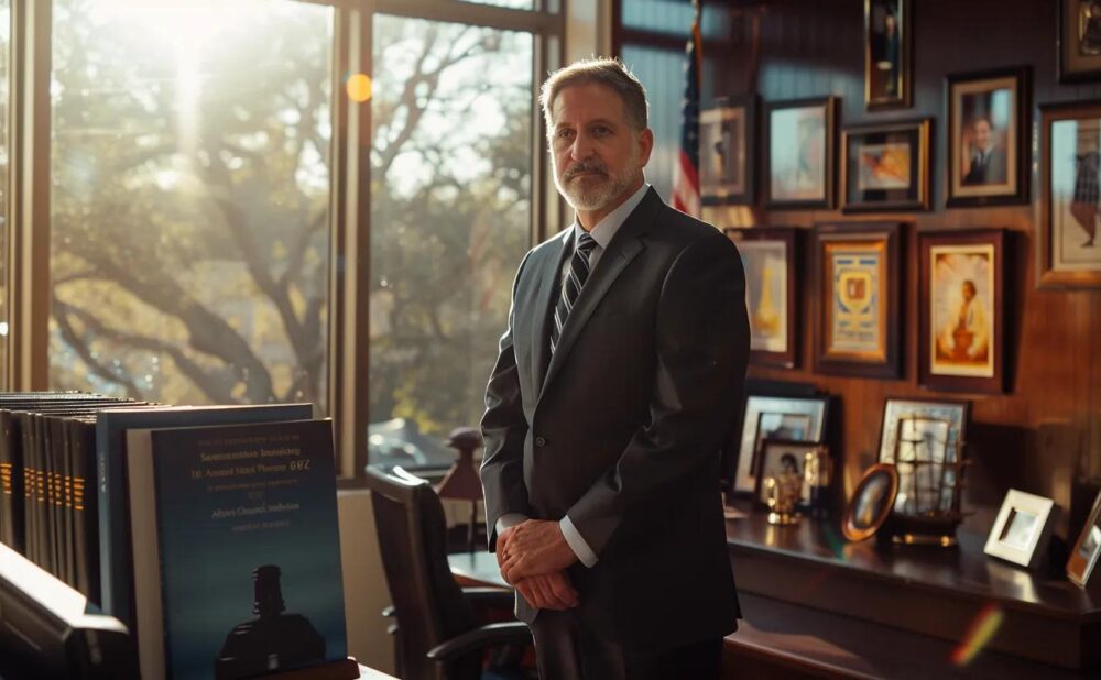 a confident, polished personal injury lawyer stands in a sunlit office, exuding professionalism and expertise, surrounded by law books and framed awards, symbolizing their dedication to securing justice for clients in austin.