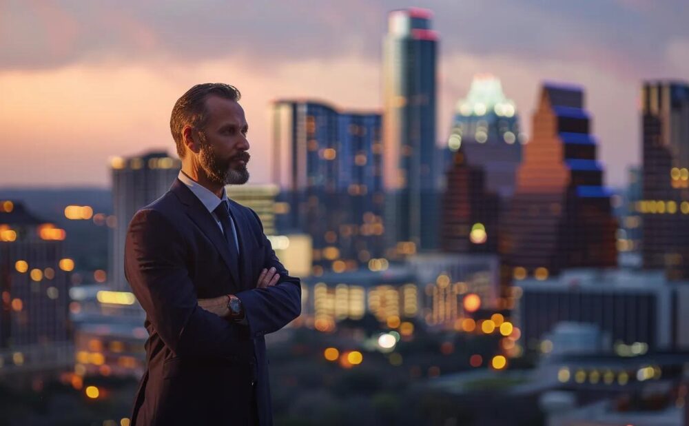 a confident, professional lawyer stands in front of a modern austin skyline, exuding authority and determination, with a backdrop of well-lit city streets at dusk, symbolizing justice and hope for accident victims seeking compensation.