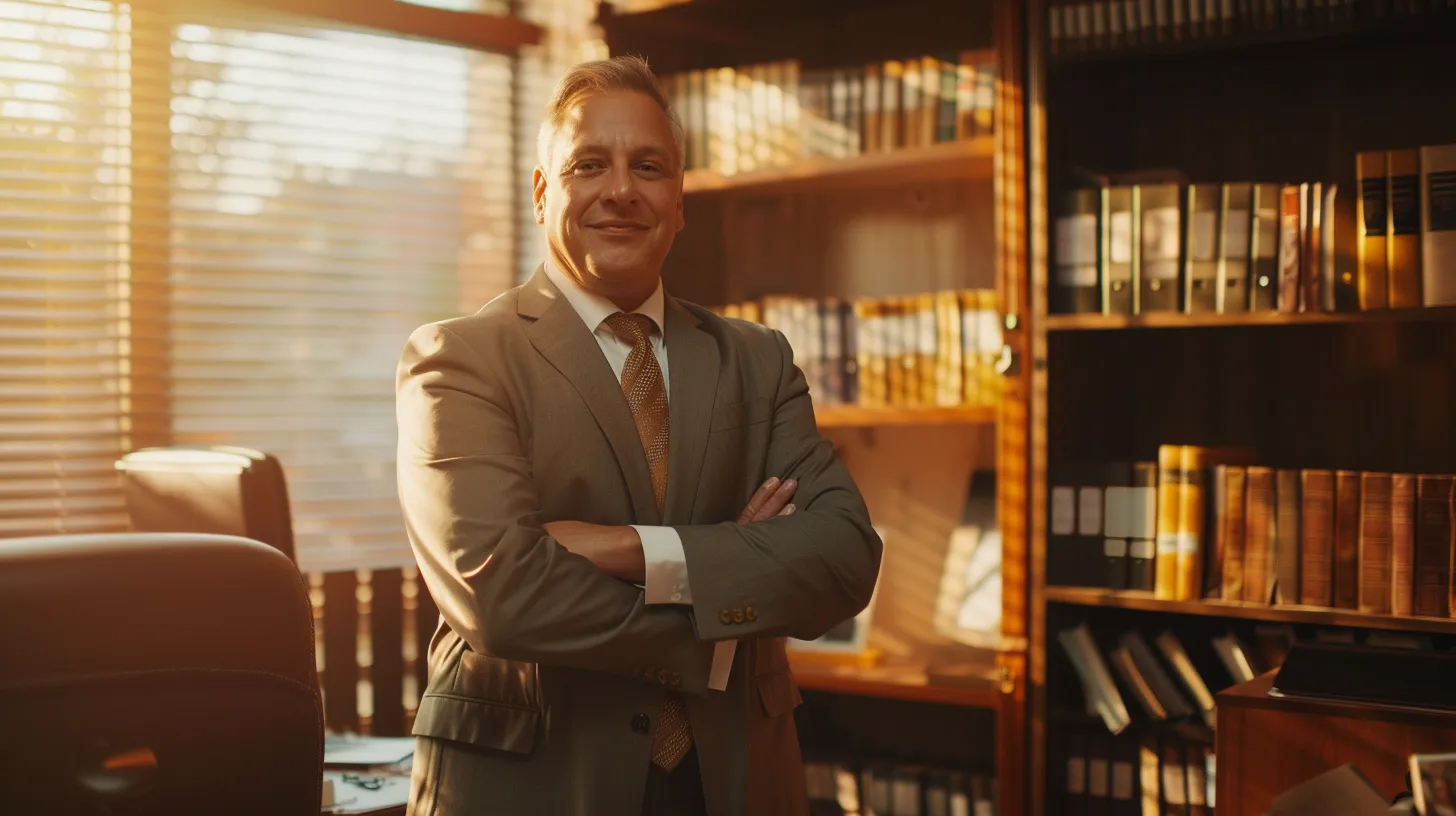 a confident san antonio auto accident attorney stands in a sunlit law office, surrounded by case files and legal books, radiating professionalism and readiness to guide clients through the complexities of car crash cases.