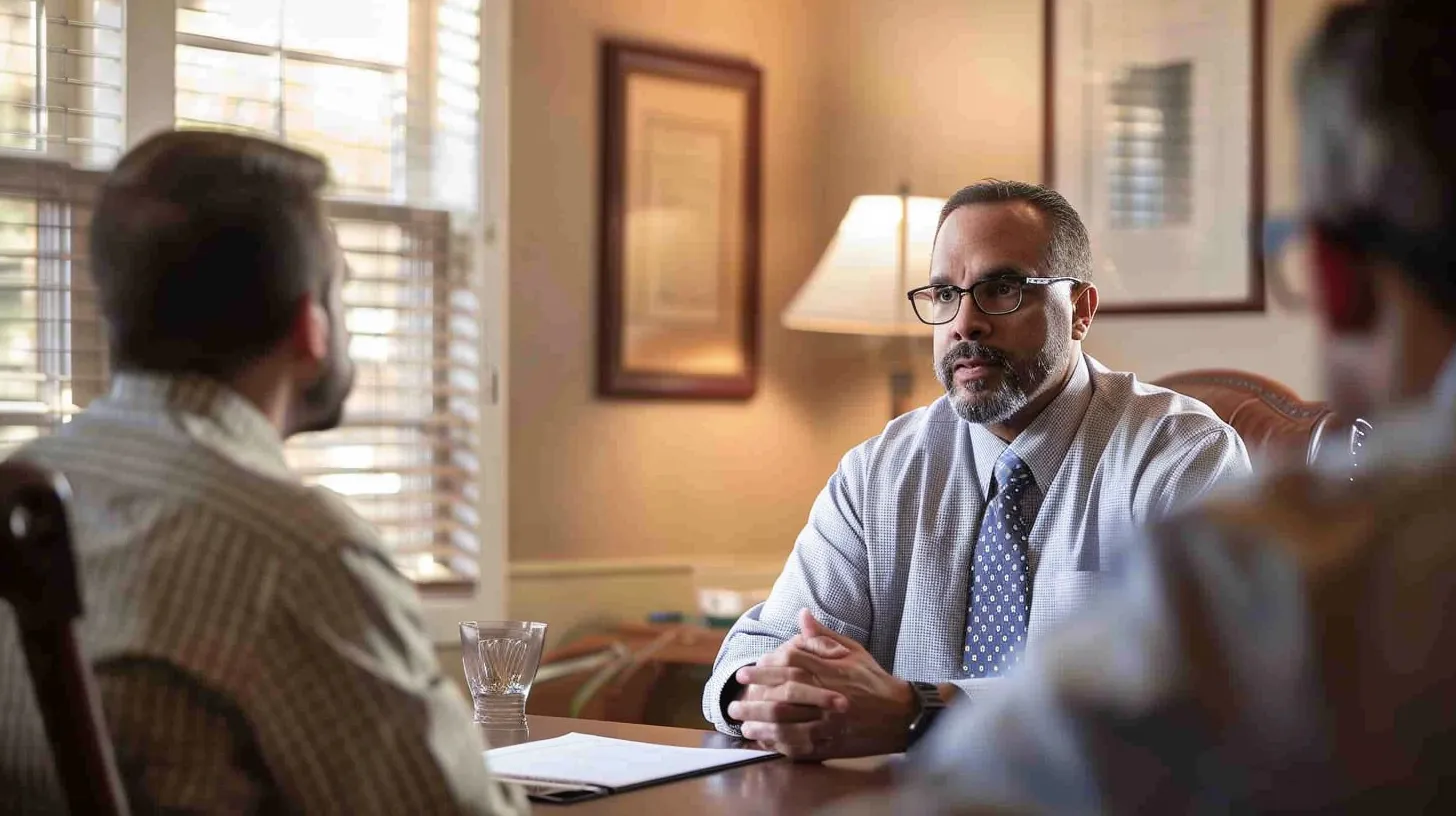 a confident slip and fall attorney sits across the table from a concerned client in a well-furnished dallas office, showcasing a blend of professionalism and empathy under soft, warm lighting.