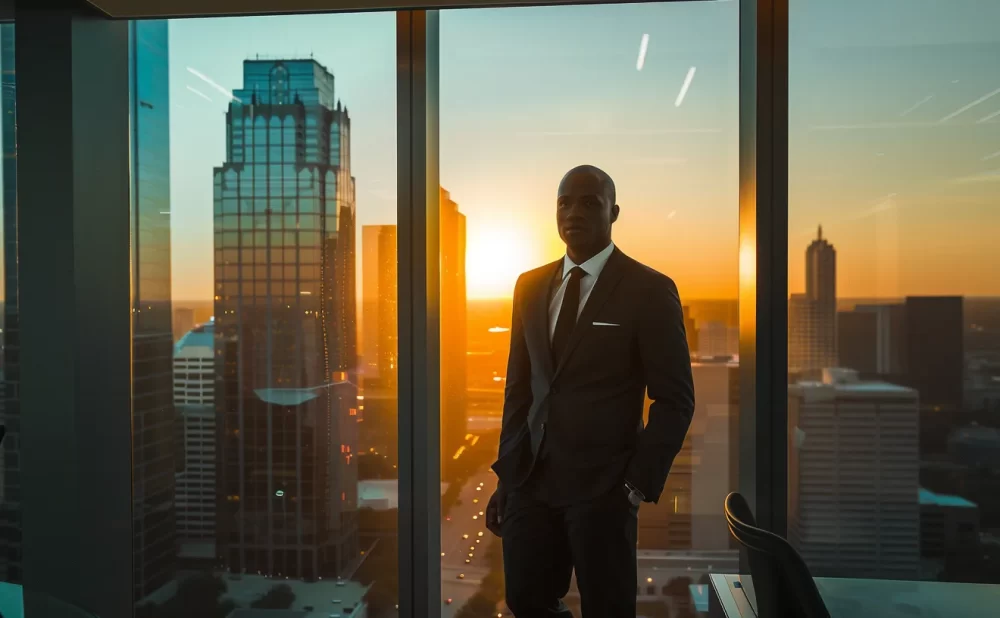 a confident slip and fall attorney stands in a modern dallas office, surrounded by vibrant city skyline views, symbolizing determination and advocacy for justice.