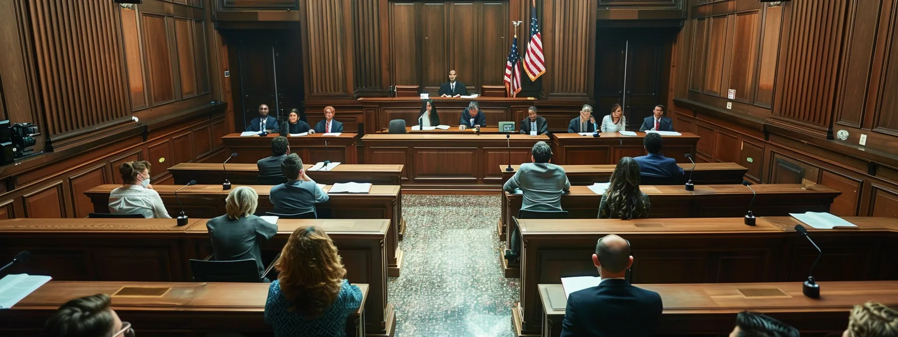 a courtroom scene with a jury deliberating on compensation amounts for car accident victims in texas, featuring a scale symbolizing the balance of economic and non-economic damages.