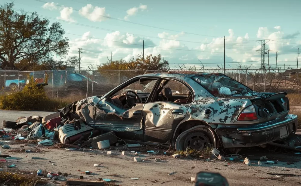 a damaged car abandoned on the side of a texas highway, surrounded by scattered debris.