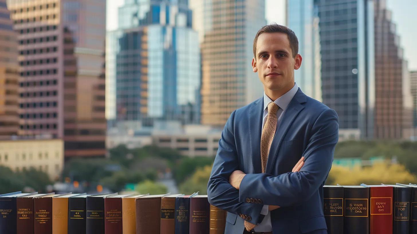 a determined austin auto accident attorney stands confidently in a bustling urban setting, surrounded by legal books and a backdrop of the texas skyline, embodying the power and expertise needed to advocate for justice in personal injury cases.