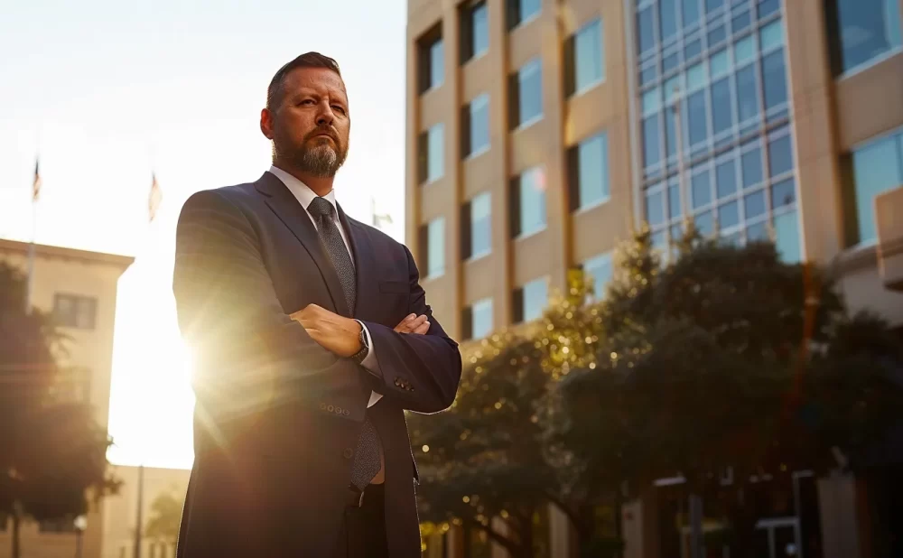 a determined auto accident attorney stands confidently in front of a sleek, modern courthouse, with the texas sun casting warm rays that illuminate the scene, symbolizing justice and expertise in navigating car crash cases.