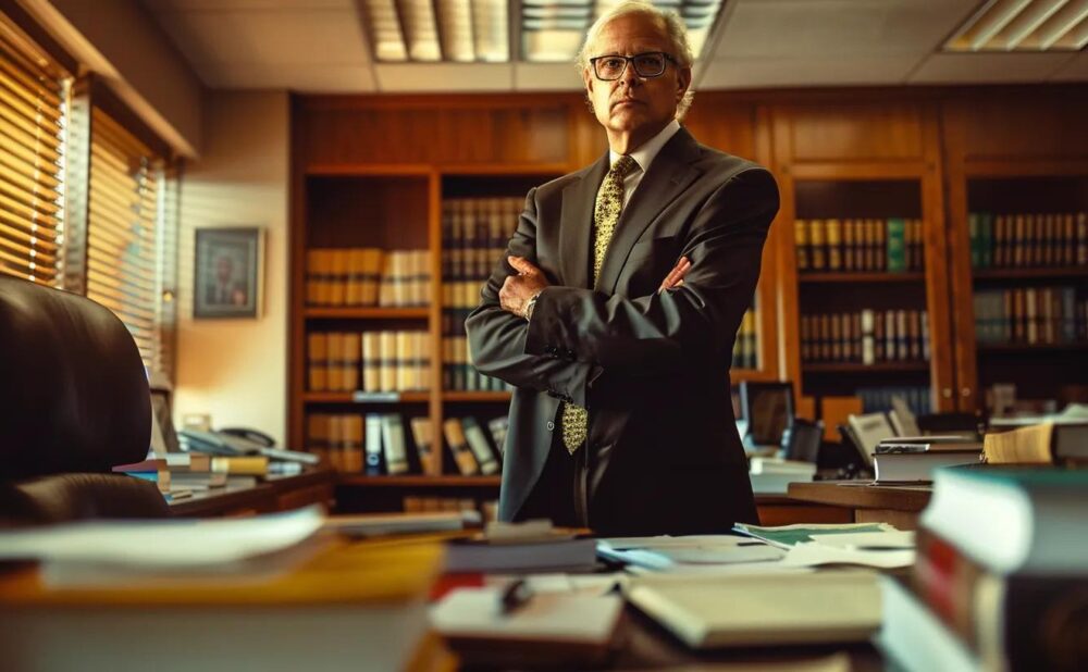 a determined auto wreck attorney stands confidently in a bustling law office, surrounded by legal books and case files, radiating expertise and compassion in a softly lit atmosphere that conveys hope and support for clients navigating their rights after an accident.