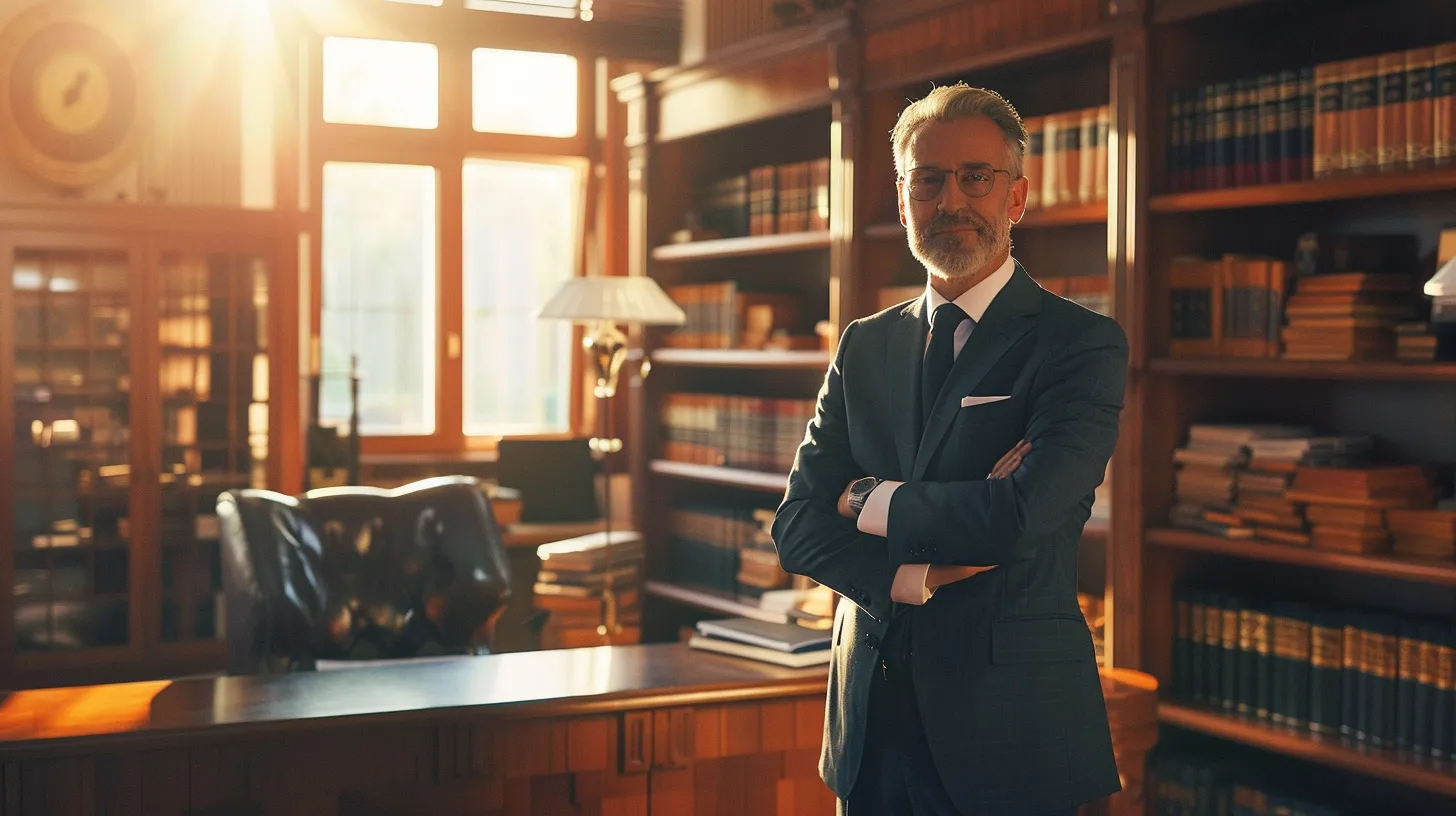 a determined car accident lawyer stands confidently in a sunlit office, surrounded by legal books and documents, symbolizing the essential support and expertise needed for victims to secure their rightful compensation.