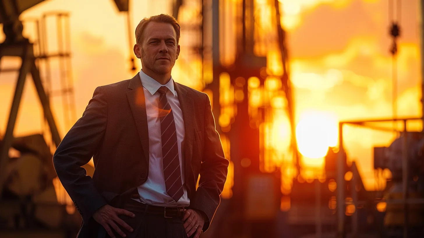 a determined houston oilfield injury lawyer stands confidently in an industrial setting, showcasing a backdrop of oil rigs and machinery, bathed in warm golden light that conveys professionalism and strength in advocating for injury victims.