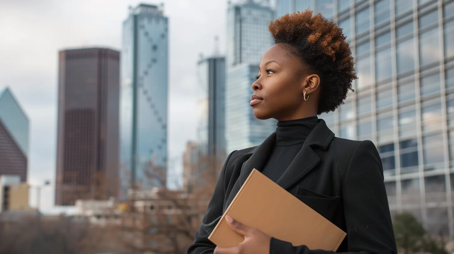 a determined individual stands outside a modern law office in dallas, confidently holding a folder of accident documentation while gazing thoughtfully at a nearby skyline, symbolizing the pursuit of justice and legal representation after an accident.