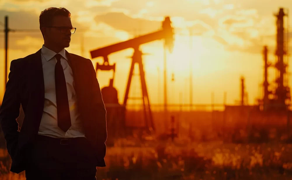 a determined lawyer stands confidently in a bustling oilfield at sunset, with dramatic lighting highlighting the contrast between the industrial environment and his professional demeanor, symbolizing resilience and justice for injured workers.