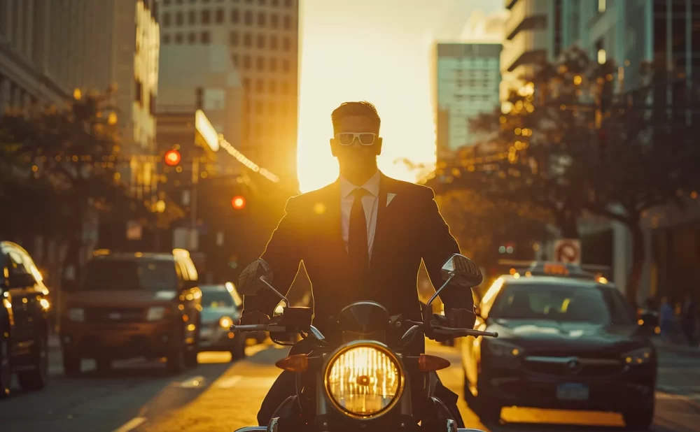 a determined motorcycle accident attorney stands confidently in a bustling san antonio street, surrounded by soft golden hour light, symbolizing hope and professional support for injured riders seeking justice.