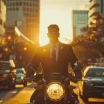 a determined motorcycle accident attorney stands confidently in a bustling san antonio street, surrounded by soft golden hour light, symbolizing hope and professional support for injured riders seeking justice.