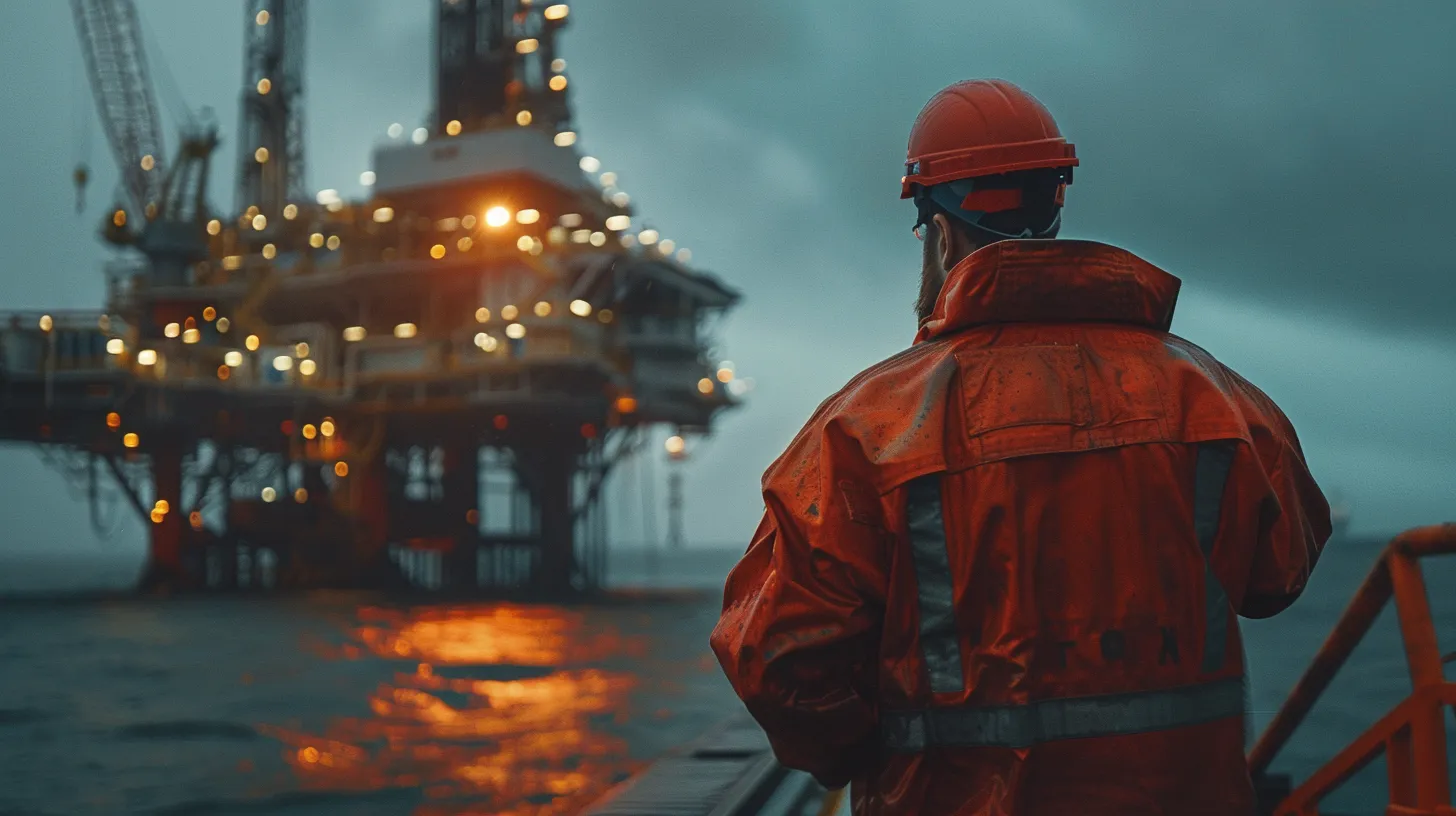 a determined oilfield worker stands in front of an imposing drilling rig at dusk, illuminated by the soft glow of safety lights, symbolizing the resilience and strength needed to navigate the complexities of workplace injuries.