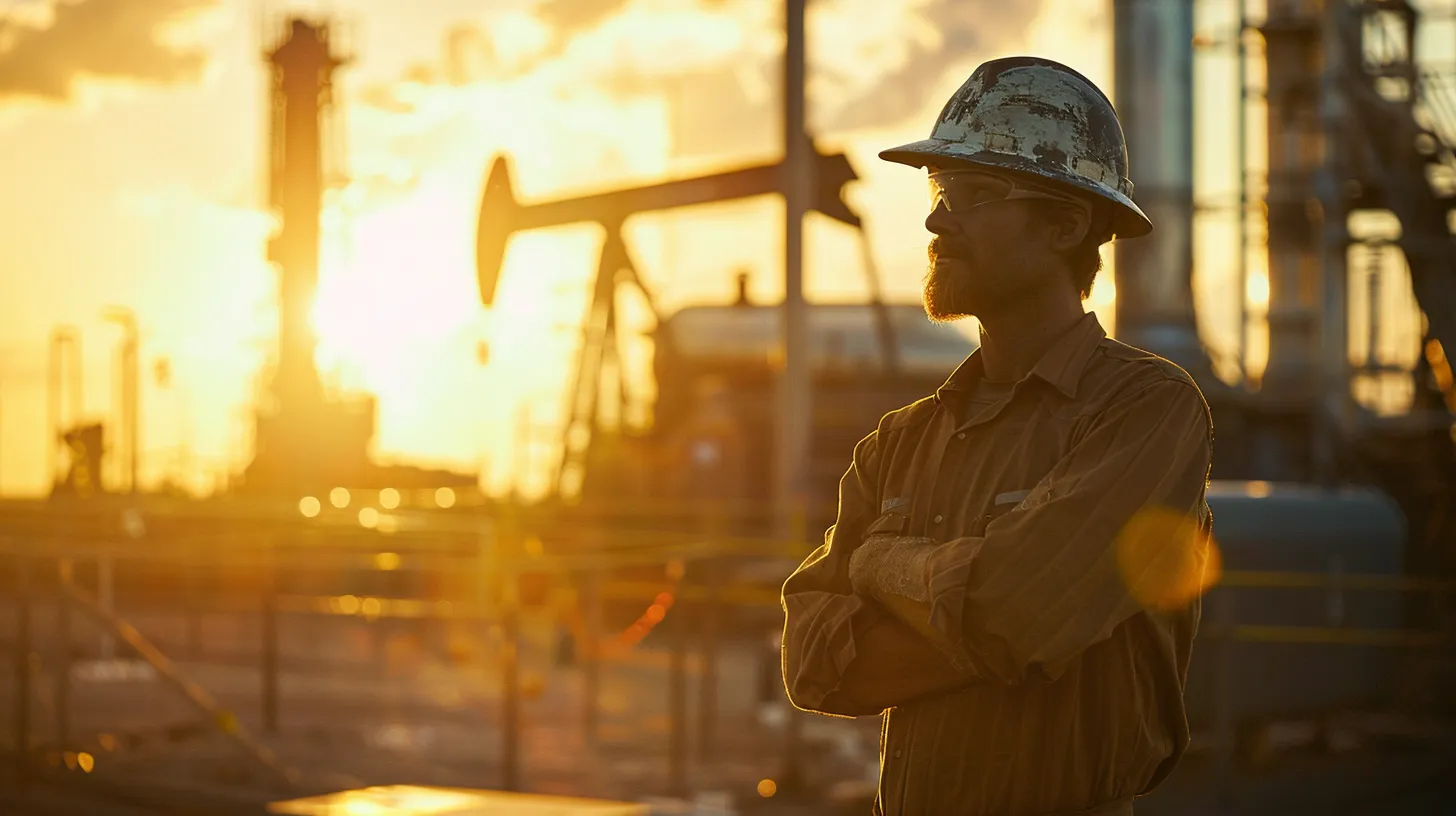 a determined oilfield worker stands confidently in a sunlit houston oilfield, surrounded by heavy machinery, exemplifying resilience and the pursuit of justice after an on-the-job accident.