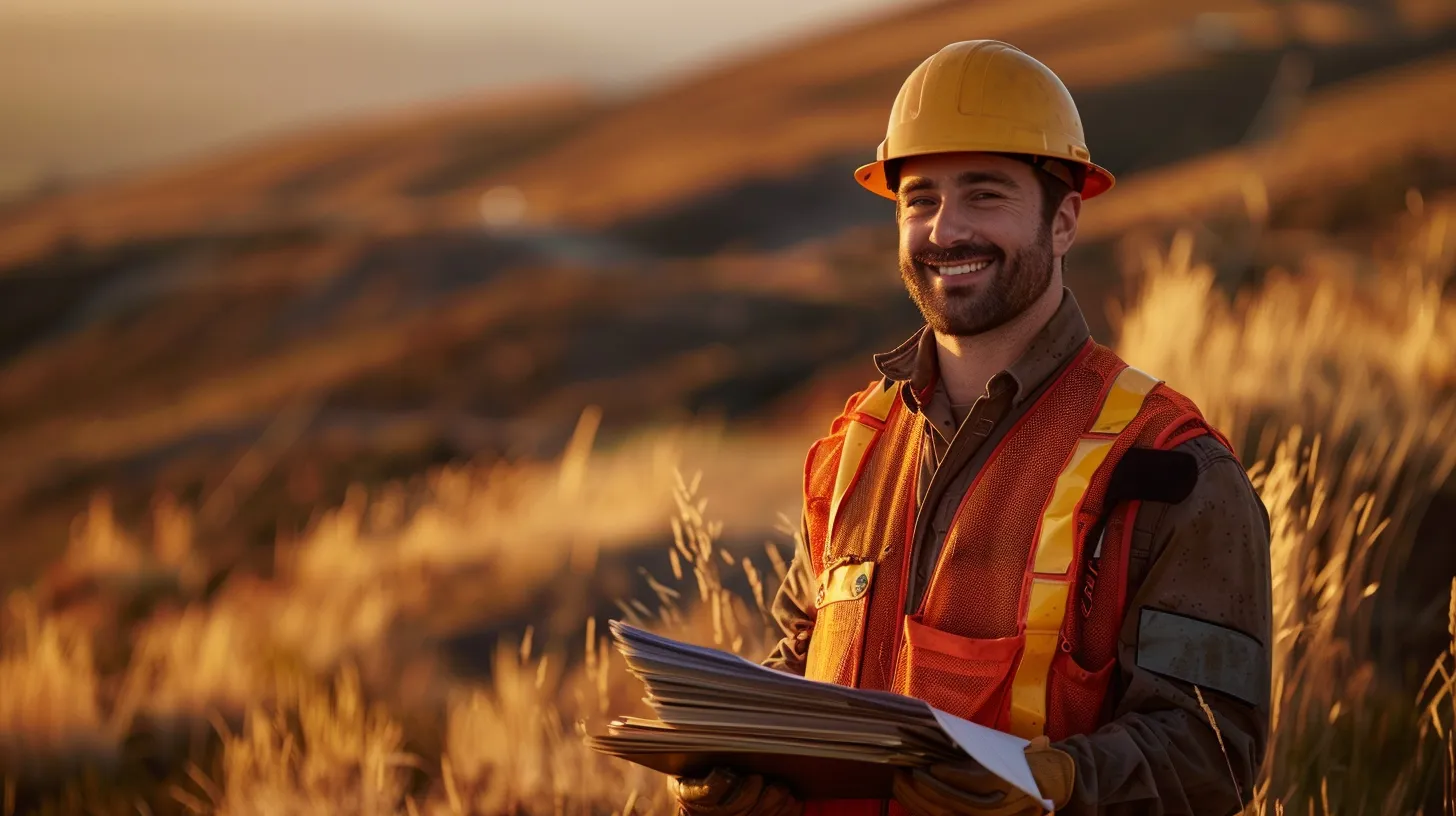 a determined oilfield worker, wearing protective gear and standing confidently amidst a rugged landscape, holds a stack of meticulously organized documents as the golden sunset casts a warm glow, symbolizing the pursuit of justice and maximum compensation.