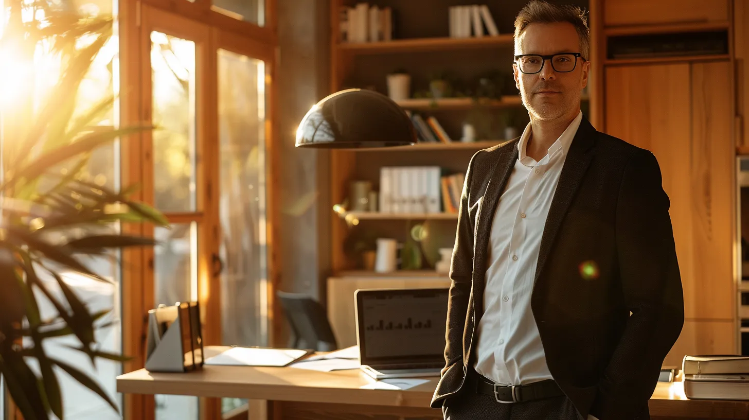 a determined personal injury attorney stands confidently in a sunlit, modern office, surrounded by legal documents and a laptop, symbolizing the strategic negotiation for maximizing client compensation after an accident.