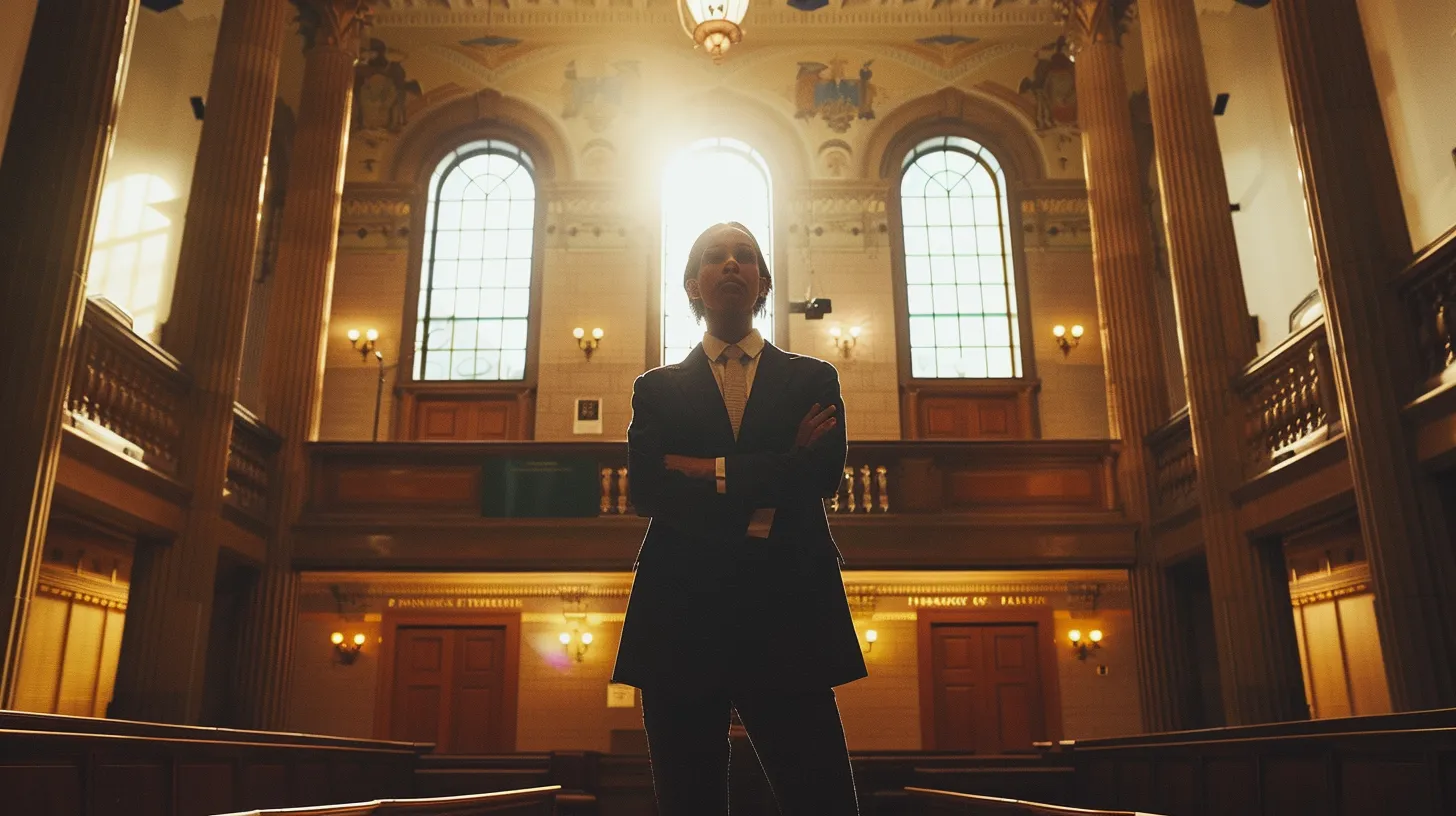 a determined personal injury attorney, clad in professional attire, stands confidently in an austin courthouse, surrounded by symbolic imagery of justice and resilience, as soft natural light streams through tall windows, casting a hopeful glow on their focused expression.