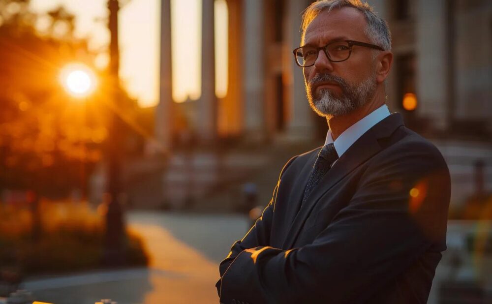 a determined personal injury lawyer stands confidently in front of a courthouse, bathed in warm afternoon light, symbolizing the pursuit of justice for victims of accidents and tragedies.