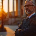 a determined personal injury lawyer stands confidently in front of a courthouse, bathed in warm afternoon light, symbolizing the pursuit of justice for victims of accidents and tragedies.