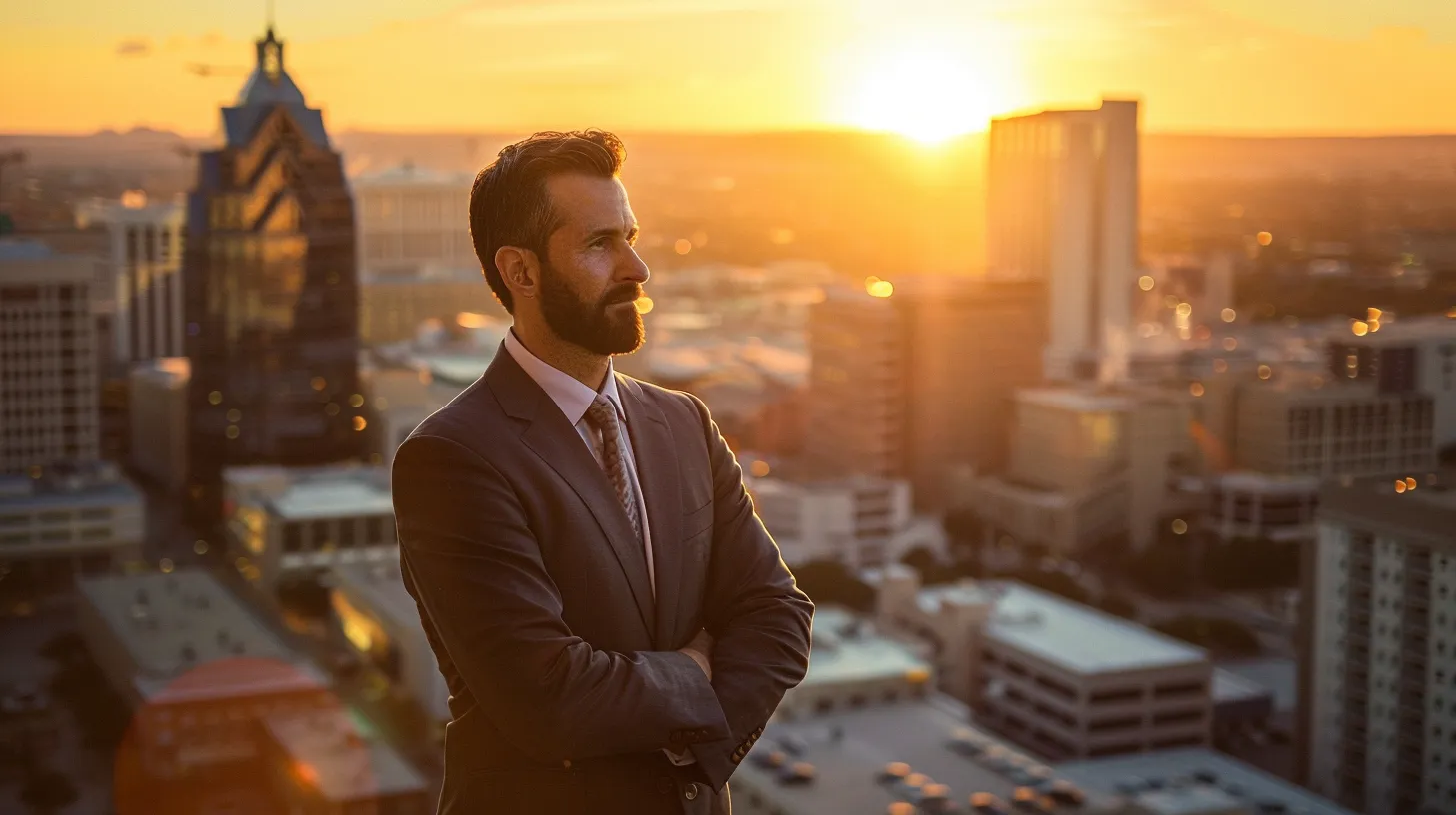 a determined san antonio truck accident lawyer stands confidently in a bustling cityscape, embodying expertise and support, with a backdrop of iconic texas architecture bathed in warm, golden sunset light, symbolizing hope and resilience for victims seeking justice.