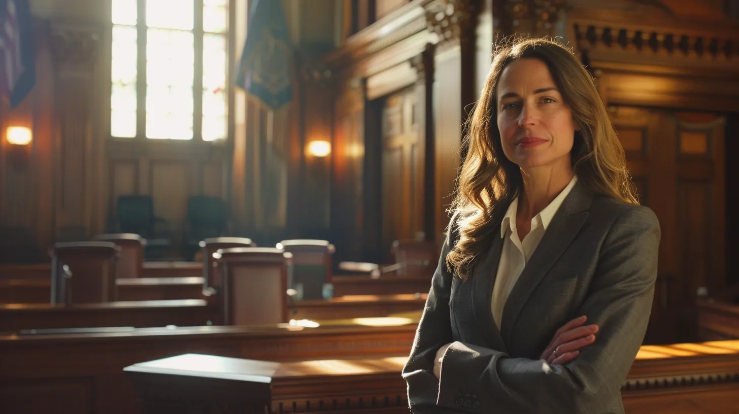 a determined slip and fall attorney, confidently presenting a compelling case in a sunlit courtroom with vivid legal books in the background, embodies professionalism and expertise.