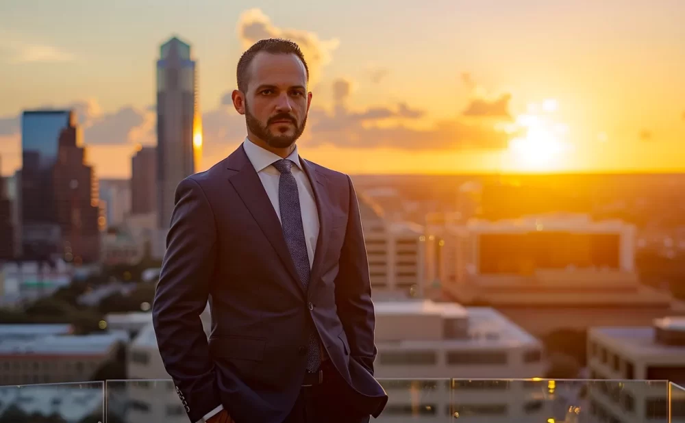 a determined truck accident attorney stands confidently in front of a san antonio skyline at sunset, exuding professionalism and expertise as he prepares to guide clients to legal success.