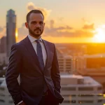 a determined truck accident attorney stands confidently in front of a san antonio skyline at sunset, exuding professionalism and expertise as he prepares to guide clients to legal success.