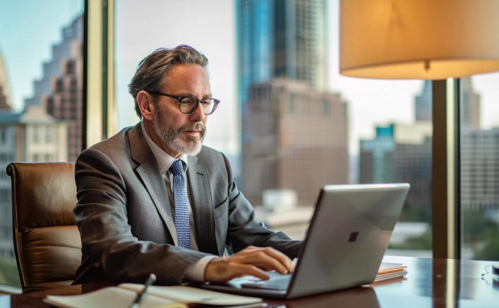 a distinguished lawyer in a sleek, modern office overlooking san antonio's skyline, confidently analyzing case files with a focused gaze, accentuated by soft, natural lighting filtering through large windows.