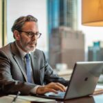 a distinguished lawyer in a sleek, modern office overlooking san antonio's skyline, confidently analyzing case files with a focused gaze, accentuated by soft, natural lighting filtering through large windows.