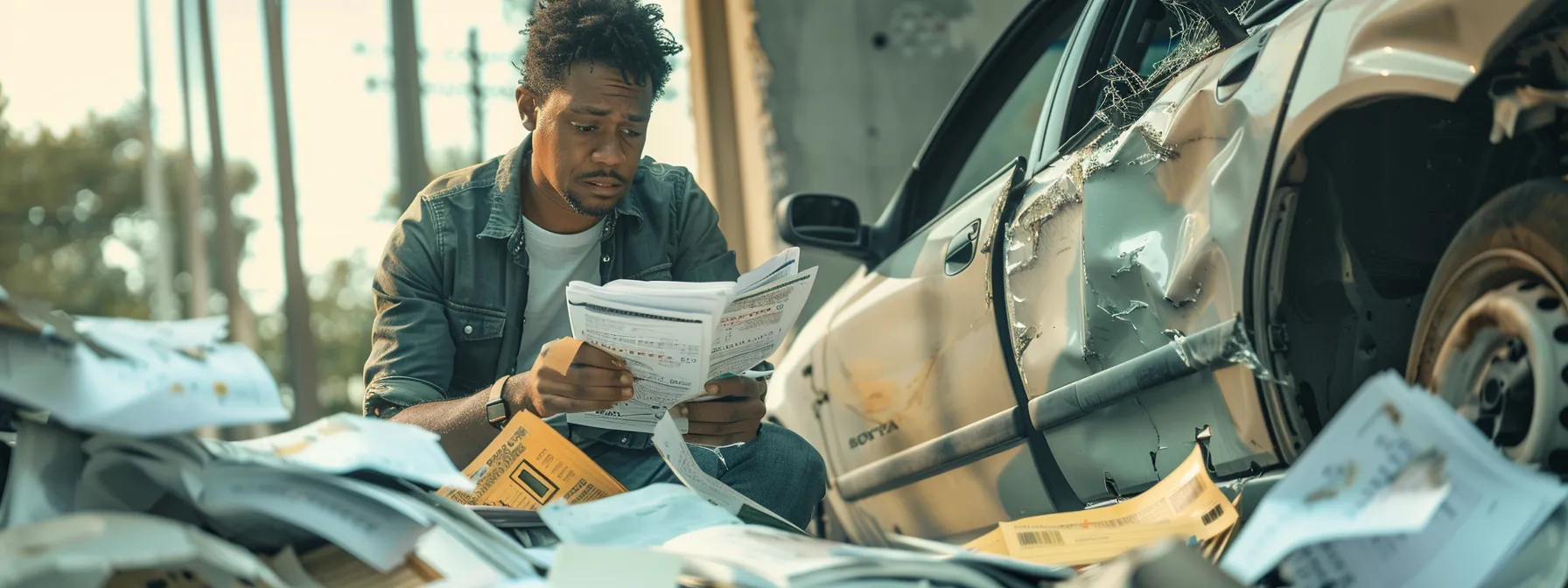 a distraught individual examining a stack of medical bills and a damaged car after a car accident in texas.