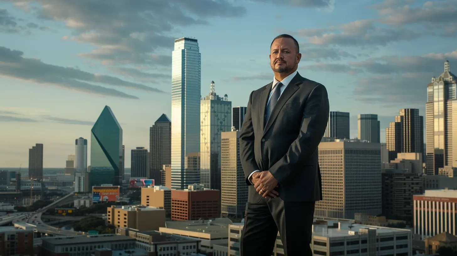 a dramatic image of a skilled attorney confidently standing in front of a sleek dallas skyline, symbolizing strength and expertise in car accident law.