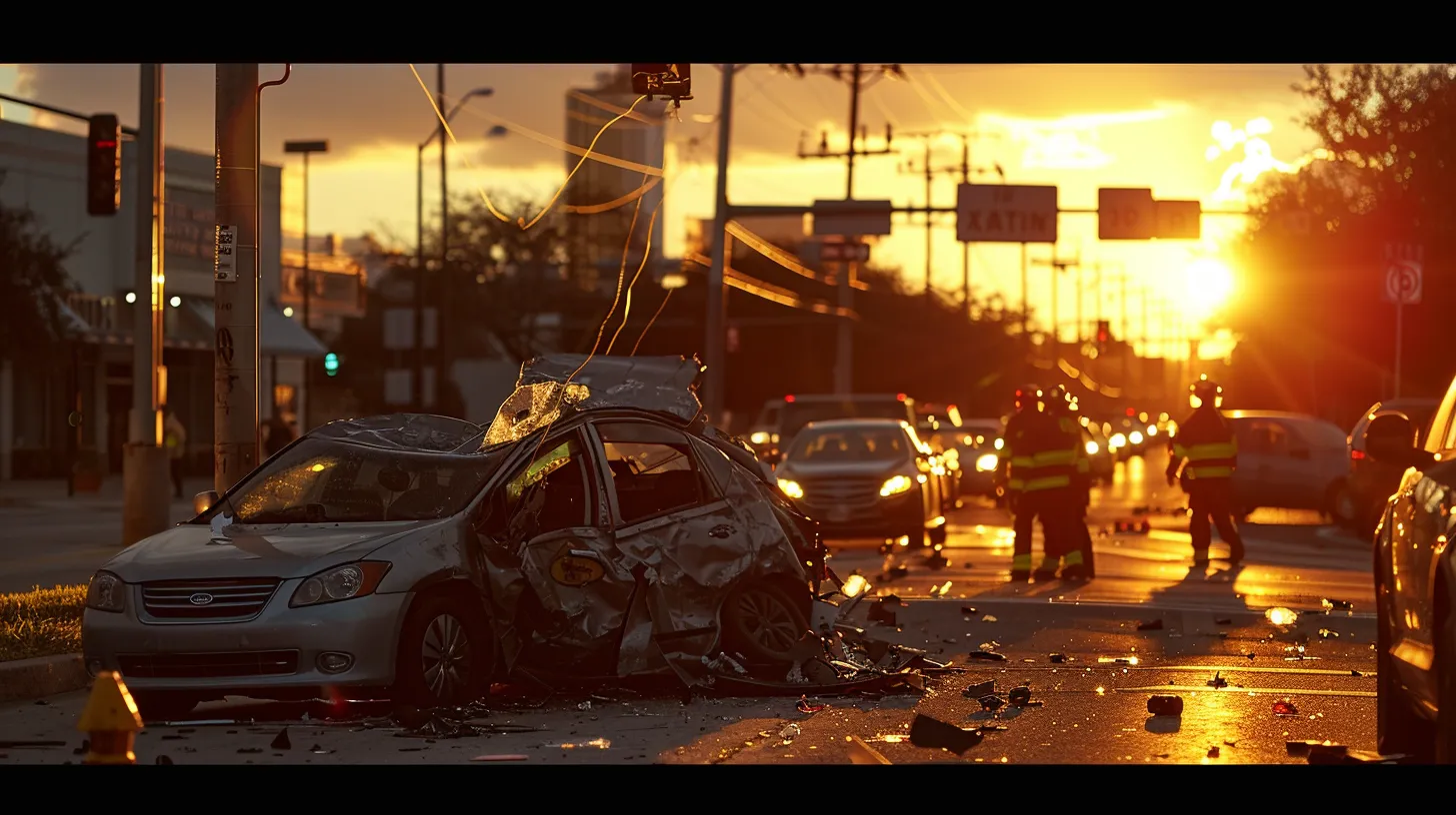 a dramatic scene captures a car accident in a busy san antonio street, with emergency responders investigating the wreckage and bystanders expressing concern, all under the golden glow of a setting sun illuminating the chaotic aftermath.