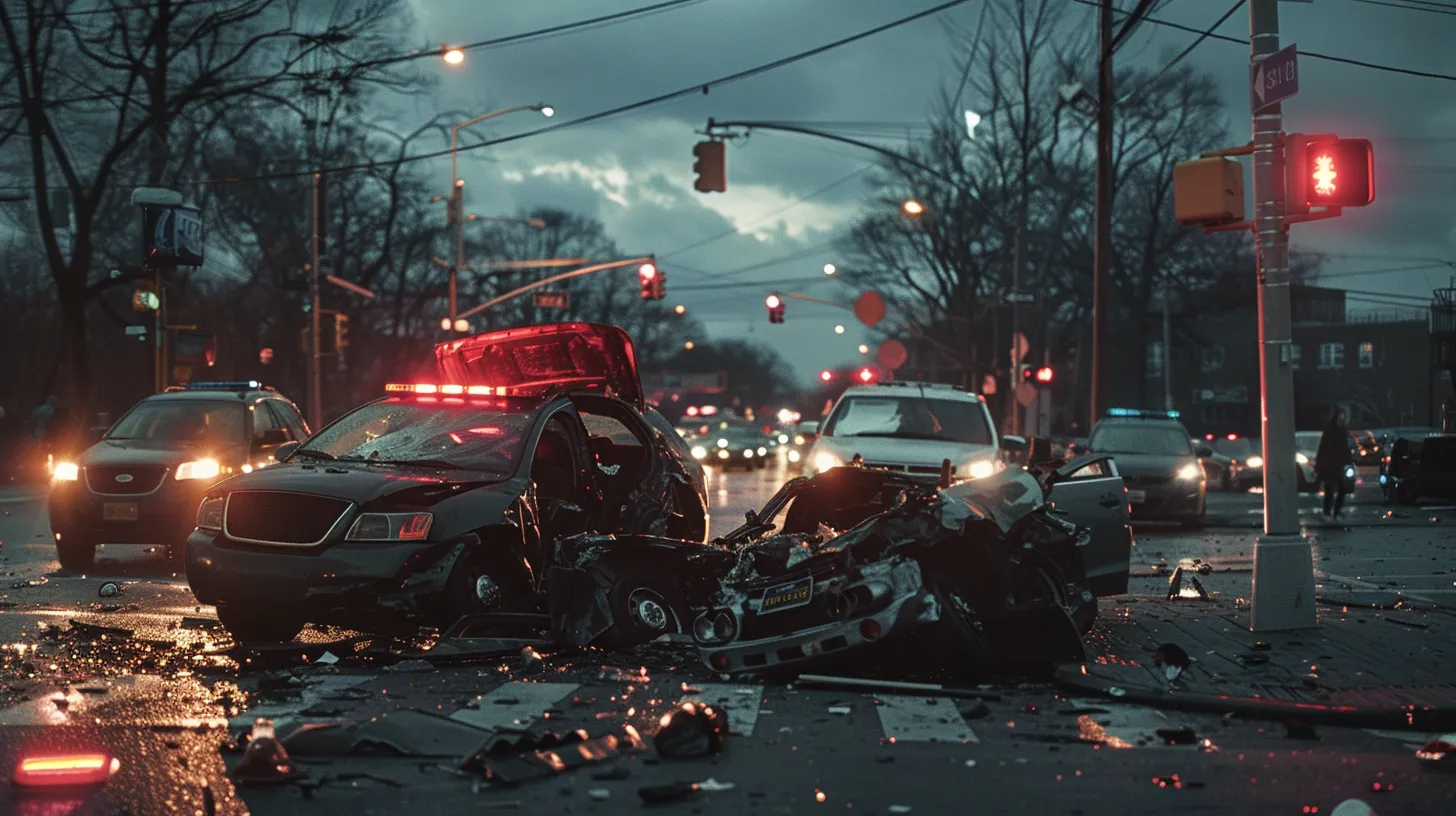 a dramatic scene captures a tangled wreckage of two cars at a busy intersection, with police lights flashing and onlookers observing, highlighting the urgency and complexities of car accident cases.