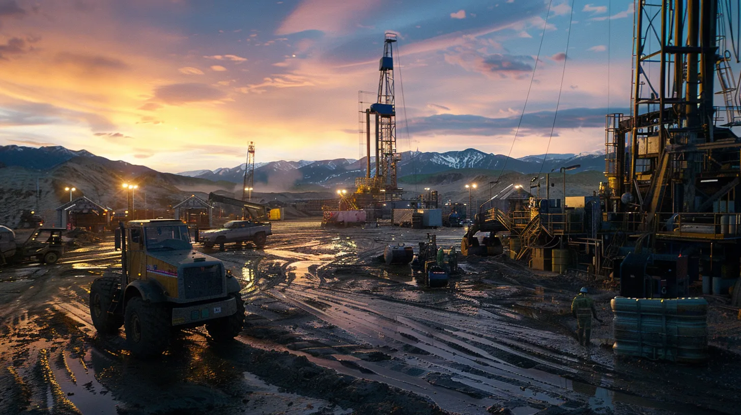 a dramatic scene captures a bustling oilfield at dusk, highlighting workers in protective gear amidst machinery, with an intense sky casting ominous shadows that emphasize the ever-present danger of workplace injuries.