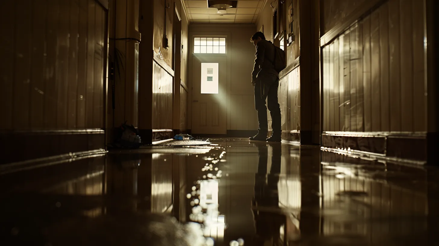 a dramatic scene captures a concerned individual surveying a slip hazard in a dimly lit corridor, emphasizing the urgency of taking immediate action after a fall.