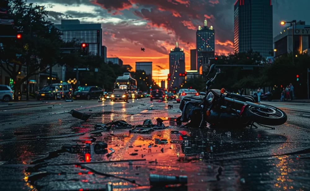 a dramatic scene captures the aftermath of a motorcycle accident on a busy dallas street, highlighting the stark contrast between the shattered bike and the vibrant cityscape, under a moody twilight sky.