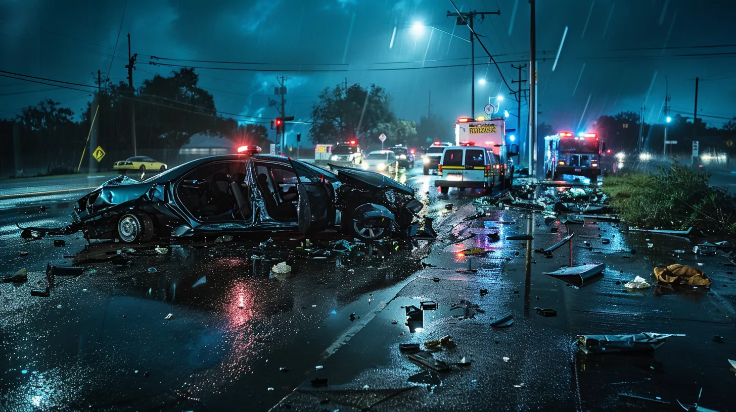 a dramatic scene captures the aftermath of a car accident in mcallen, with emergency vehicles and flashing lights illuminating the chaotic surroundings, highlighting the urgency and importance of safety amidst the wreckage.