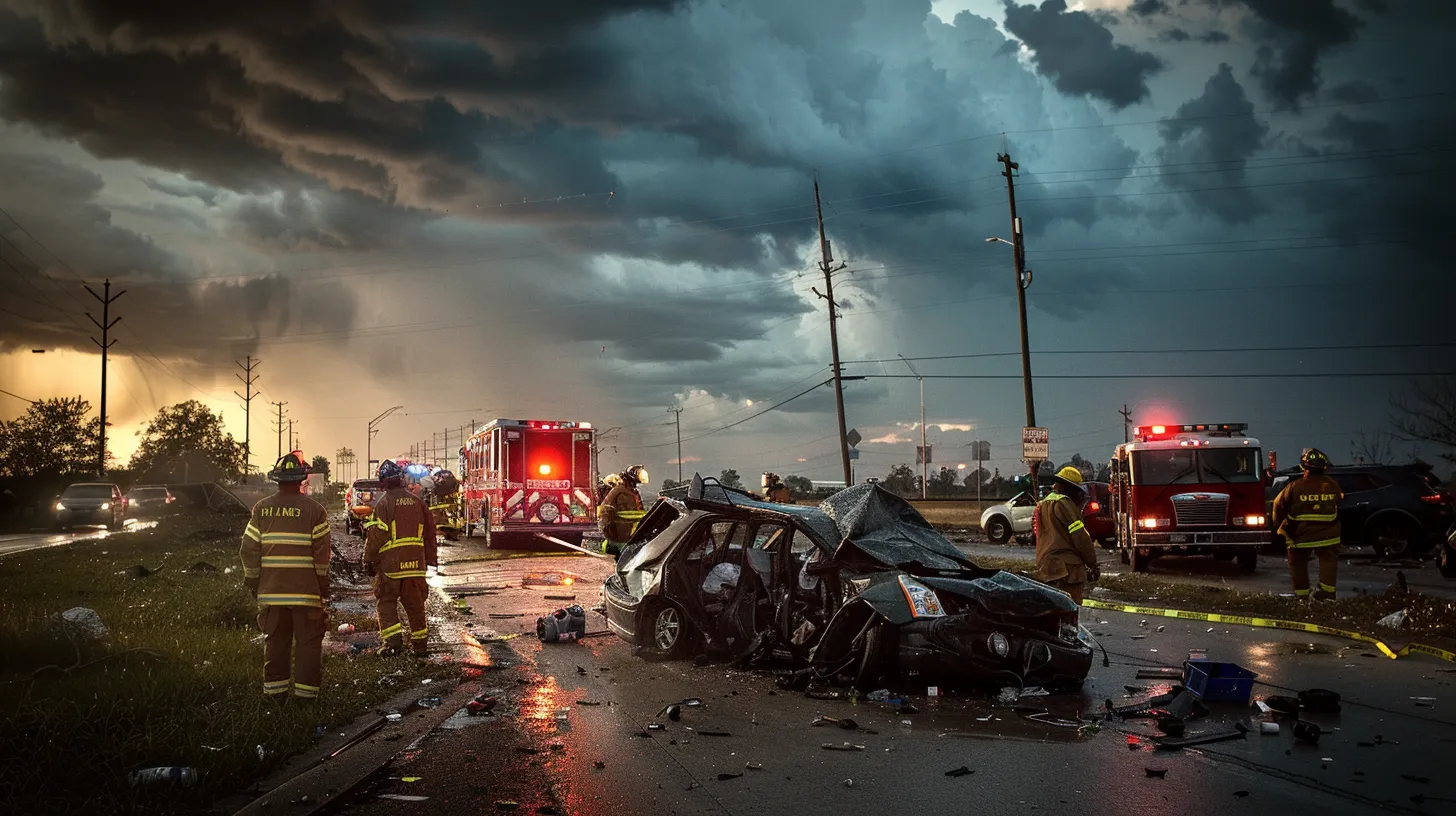 a dramatic scene captures the aftermath of a car accident in dallas, focusing on a crumpled vehicle surrounded by emergency responders under a moody sky, symbolizing the urgency of medical attention and the need for legal guidance.