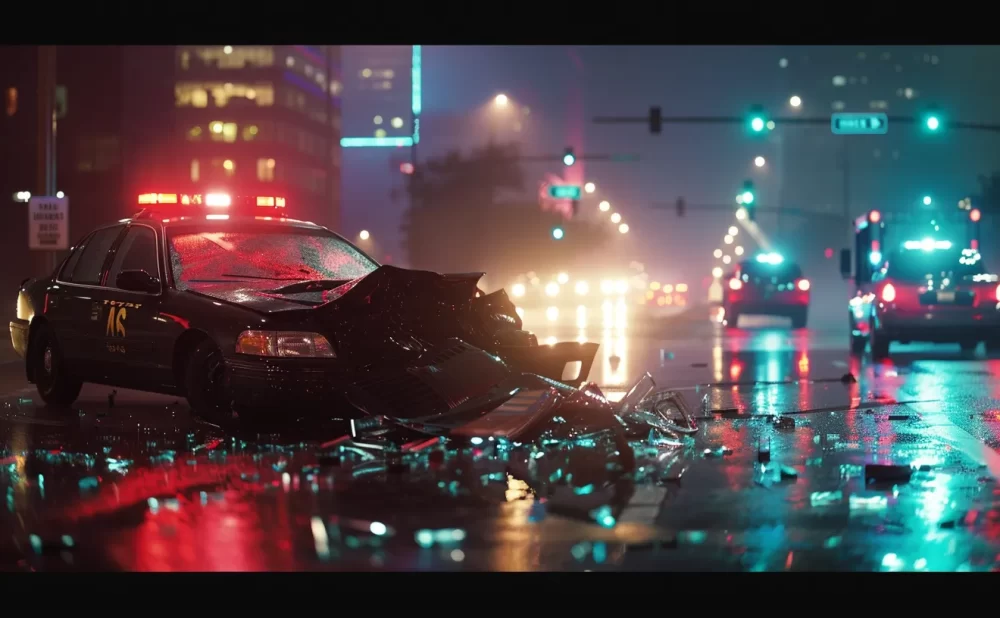 a dramatic scene captures the aftermath of a car wreck in dallas, with shattered glass glinting under bright headlights, as emergency responders assess the situation amidst a smoky haze and the glow of neon city lights.